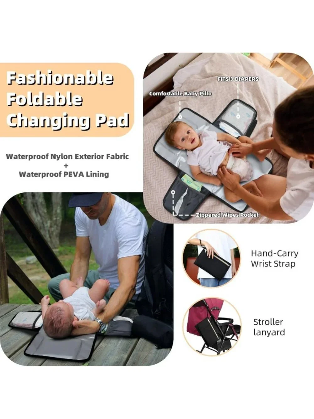 Stylish Waterproof Diaper Bag Backpack with Changing Pad & Pacifier Case - Large
